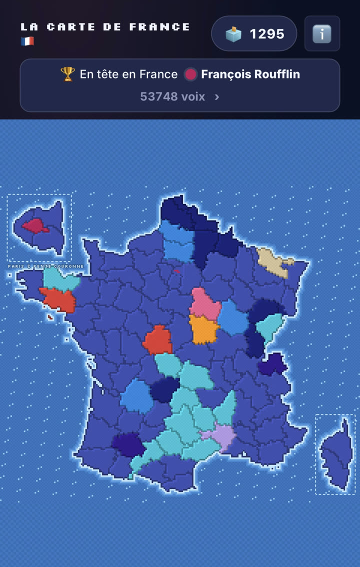 La carte de France en pixel art, colorée par candidat en tête dans chaque département