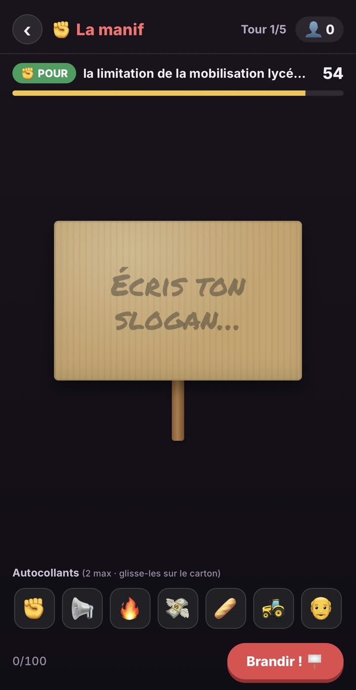 Le mini-jeu La Manif : une pancarte en carton à remplir avec son slogan