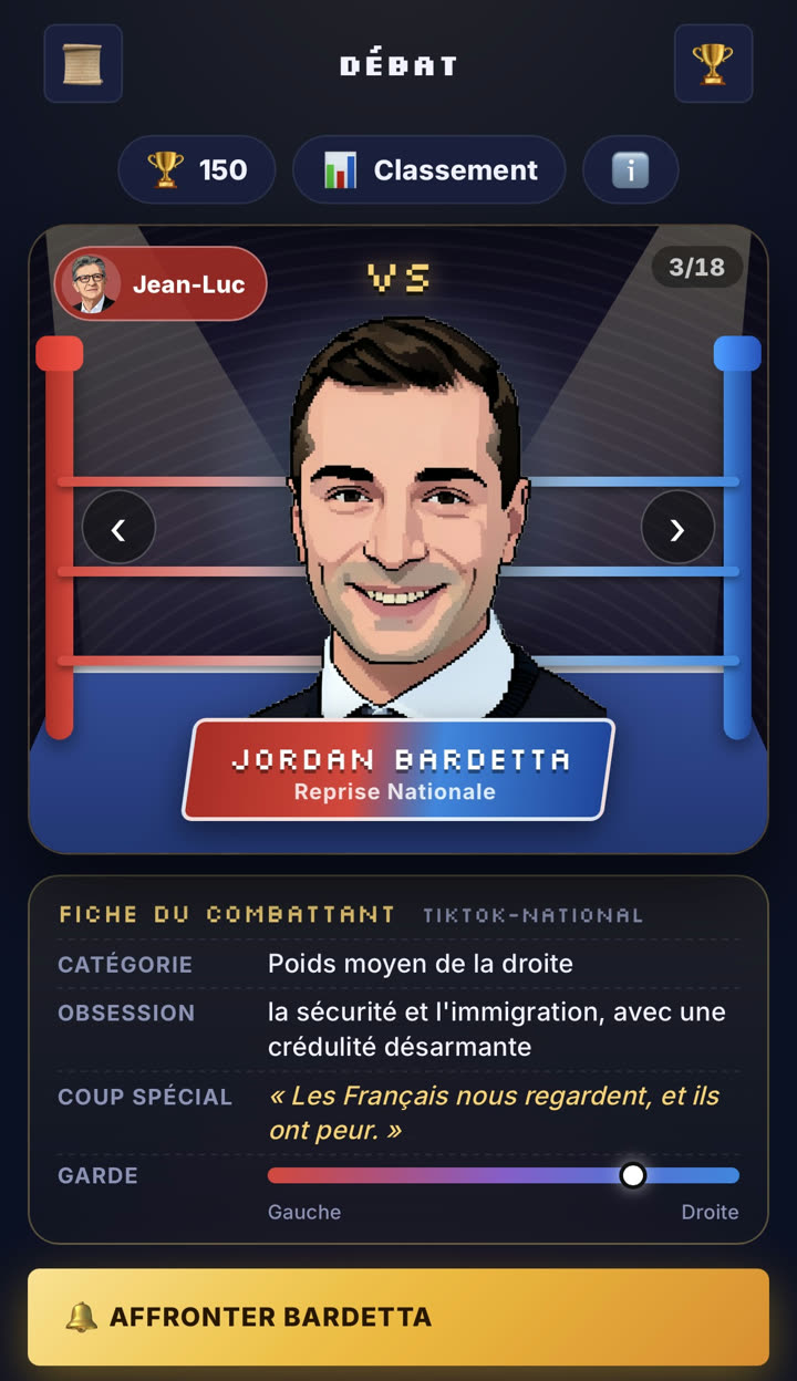 Le ring du Débat : choix de l'adversaire et fiche du combattant